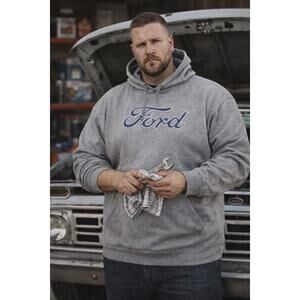 Ford Logo Hoodie Mens 2XL Ultra Soft Gray Heavyweight Pullover Sweatshirt Hoodie